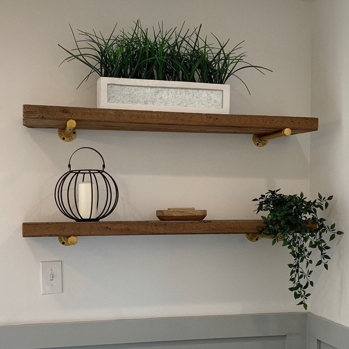 Thick Reclaimed Wood shelf barn wood shelf Pipe Brackets. Gold or Black pipe brackets, Thick shelf farmhouse shelf