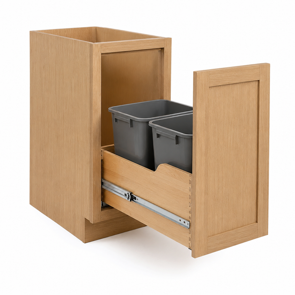 White Oak Double Pull-Out Trash Can Base Cabinet 18"