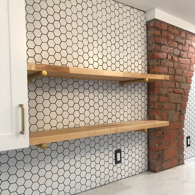 Butcher Block Wood shelf with Pipe Brackets. Gold, Black, Antique copper or Antique Brass shelf Brackets, Set of 2 Pipes and 1 Shelf. Home decor.